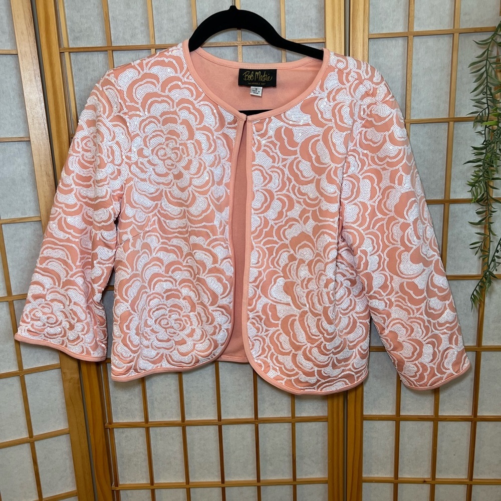 Bob Mackie Wearable Art Peach Floral Textured Jacket Cardigan Small Cropped